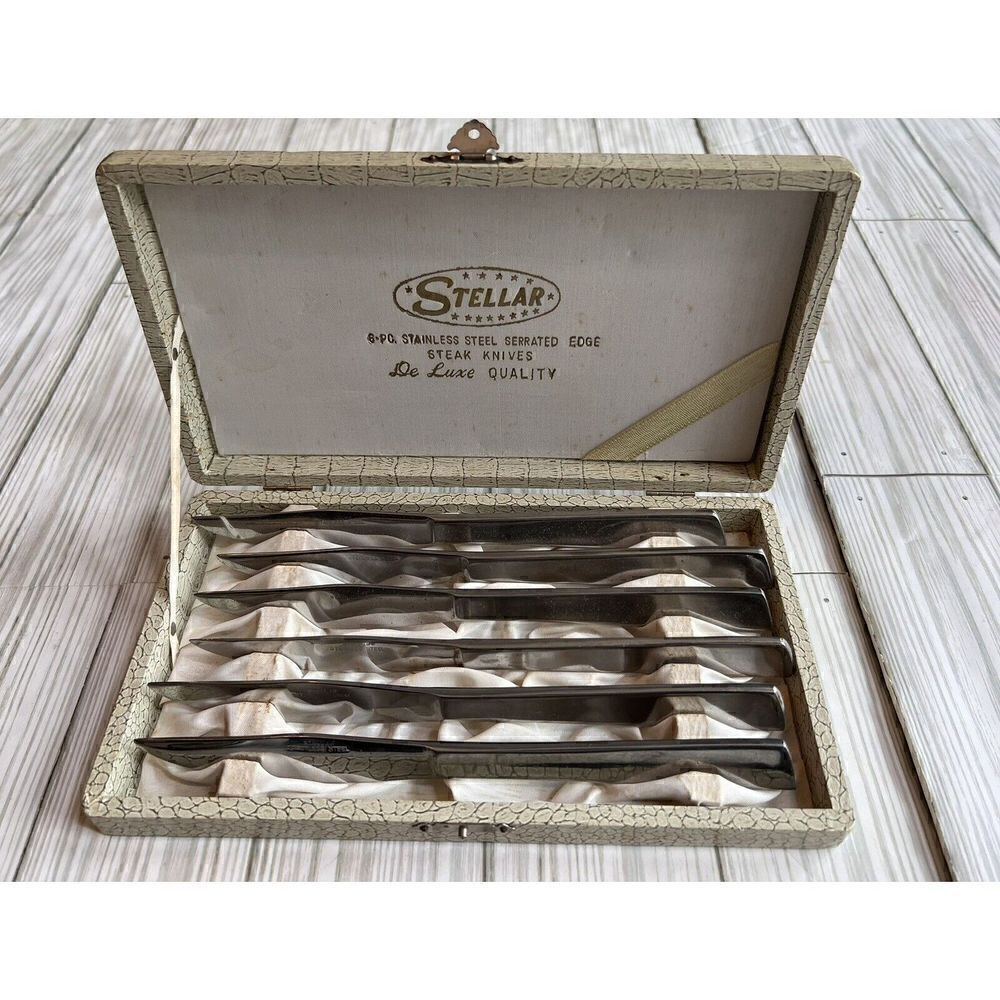 Stella Stainless Steel Steak Knives Set Serrated 6 Piece Original Box Vintage‎